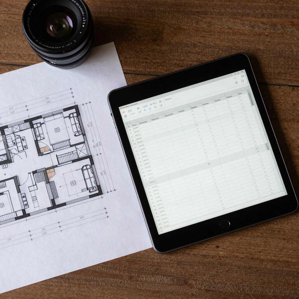 Architectural drawing next to a tablet showing a spreadsheet